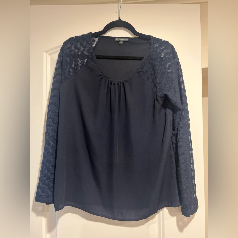 Adrianna Papell Navy Lace Sleeve Blouse